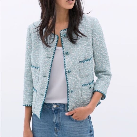 Zara Jackets & Blazers - NWT ZARA Jacquard Tweed Teal Embroidered Blazer L